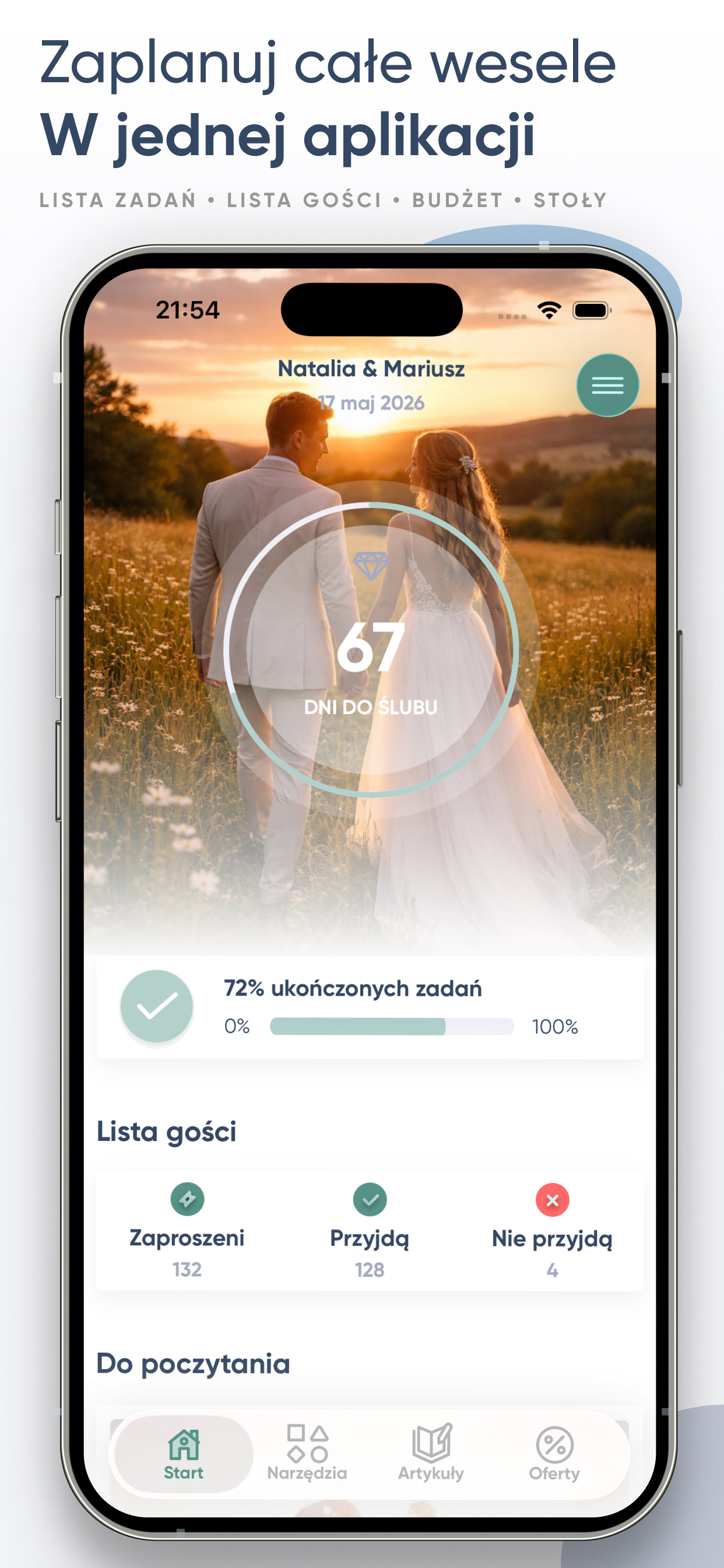 Aplikacja Wevowly – ekran główny z odliczaniem do ślubu