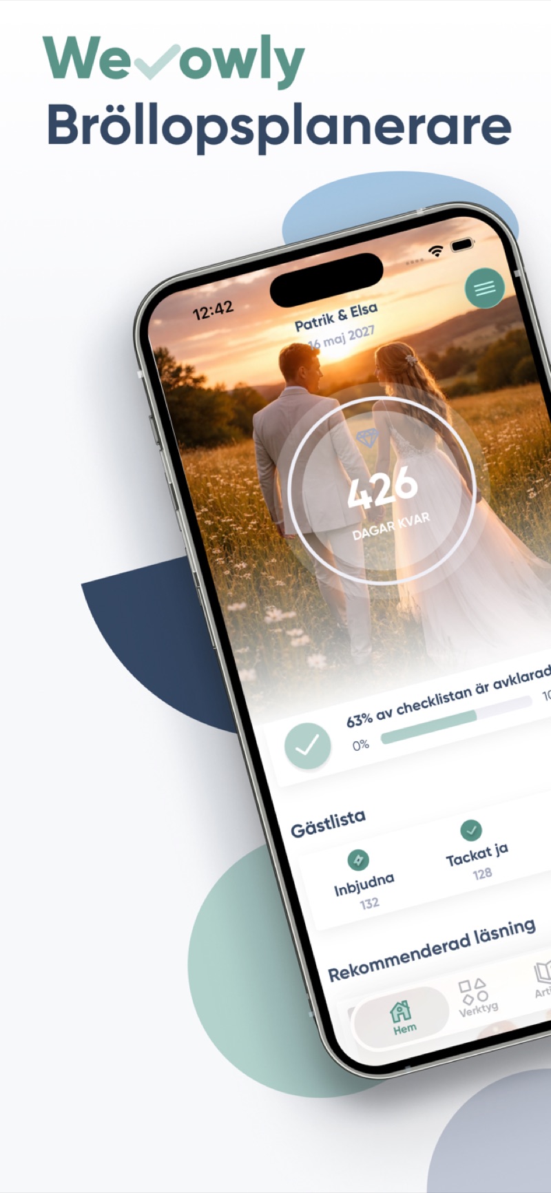 Wevowlys startskärm med nedräkning till bröllopet